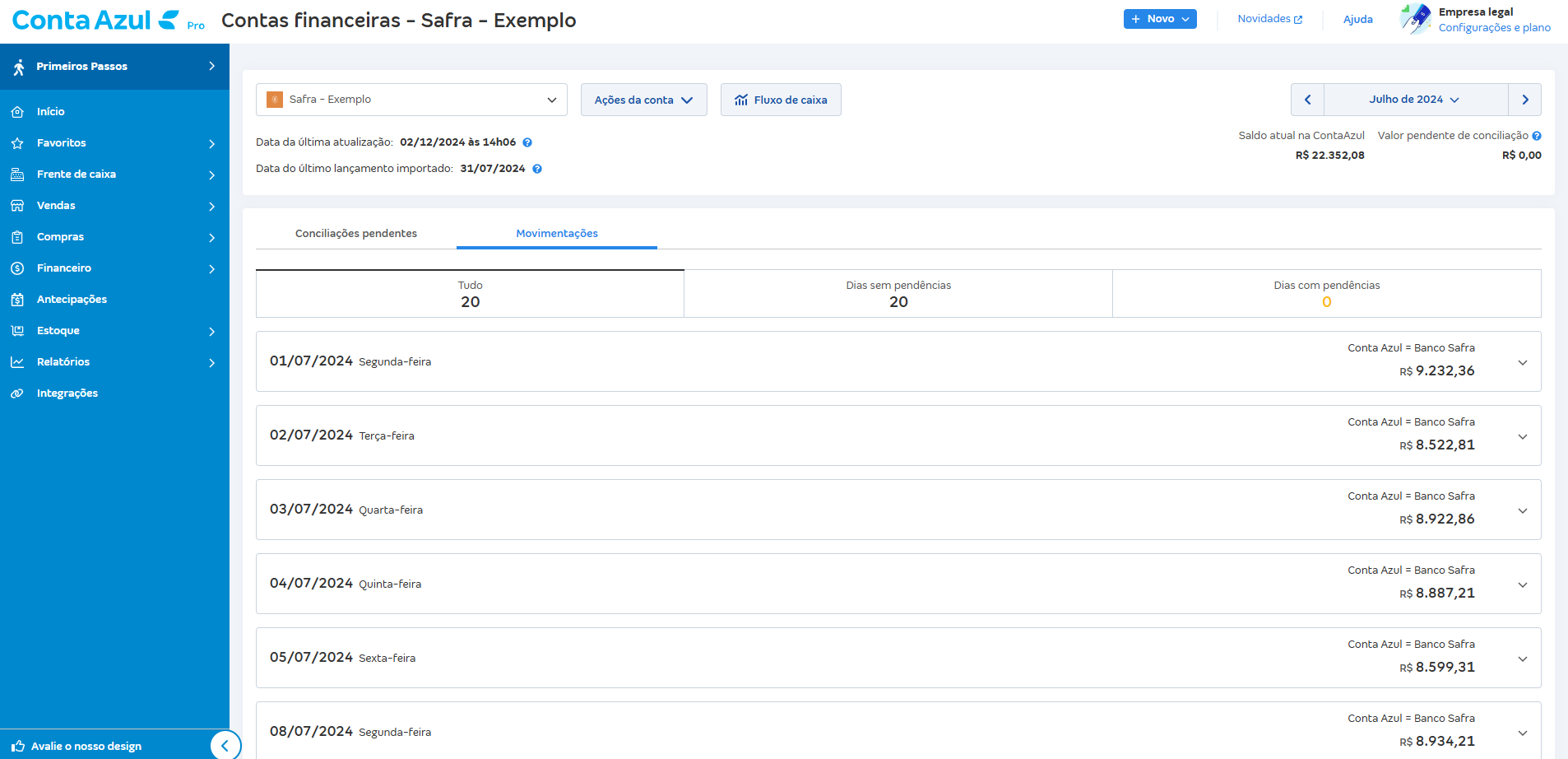 Tela de Movimentações com o saldo de todos os dias batendo.