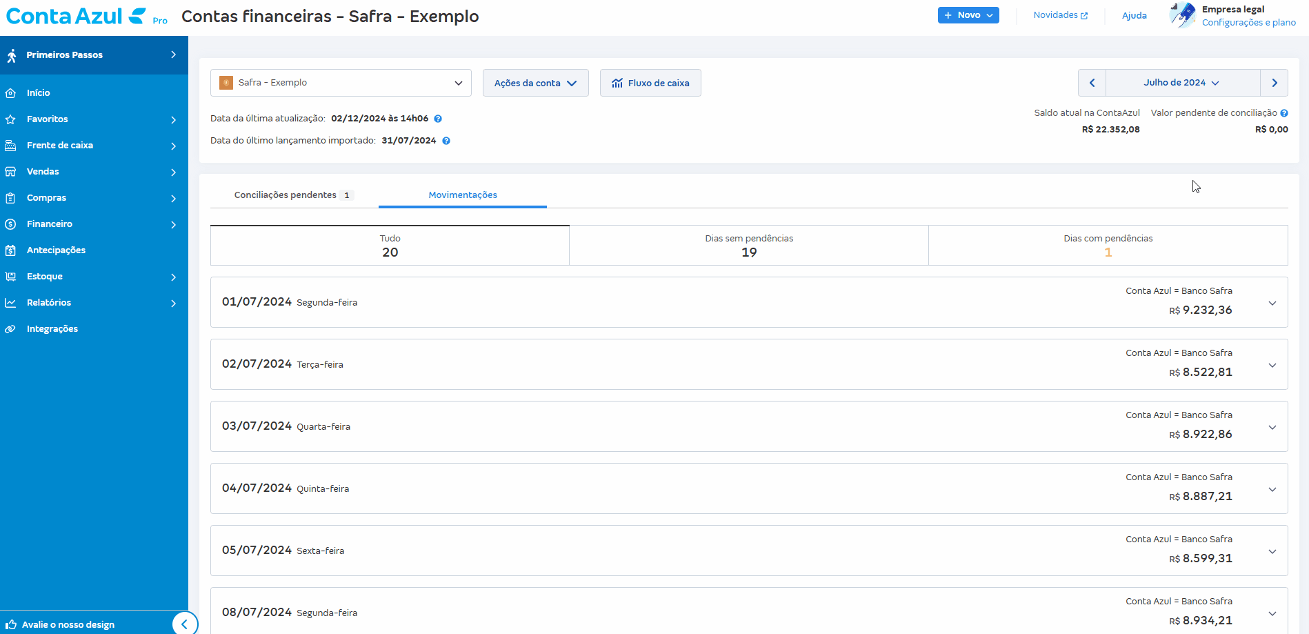 Passo a passo de correção de saldo pelo atalho da tela de Movimentações.