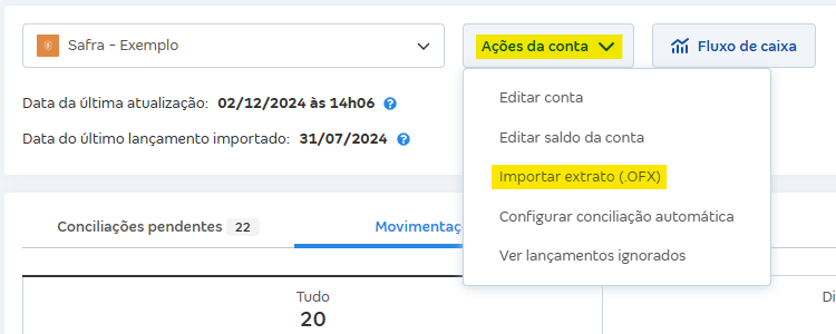 Tela de Movimentações com destaque para o botão Ações da conta e Importar extrato (OFX).