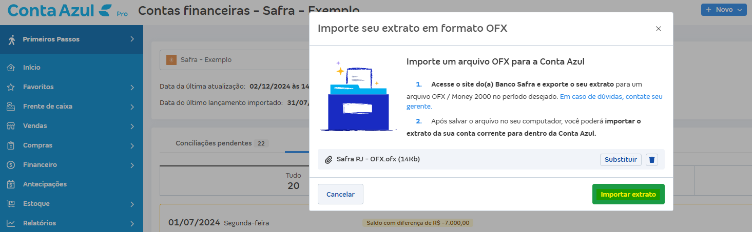 Tela de Importar extrato (OFX) com destaque para o botão Importar extrato.