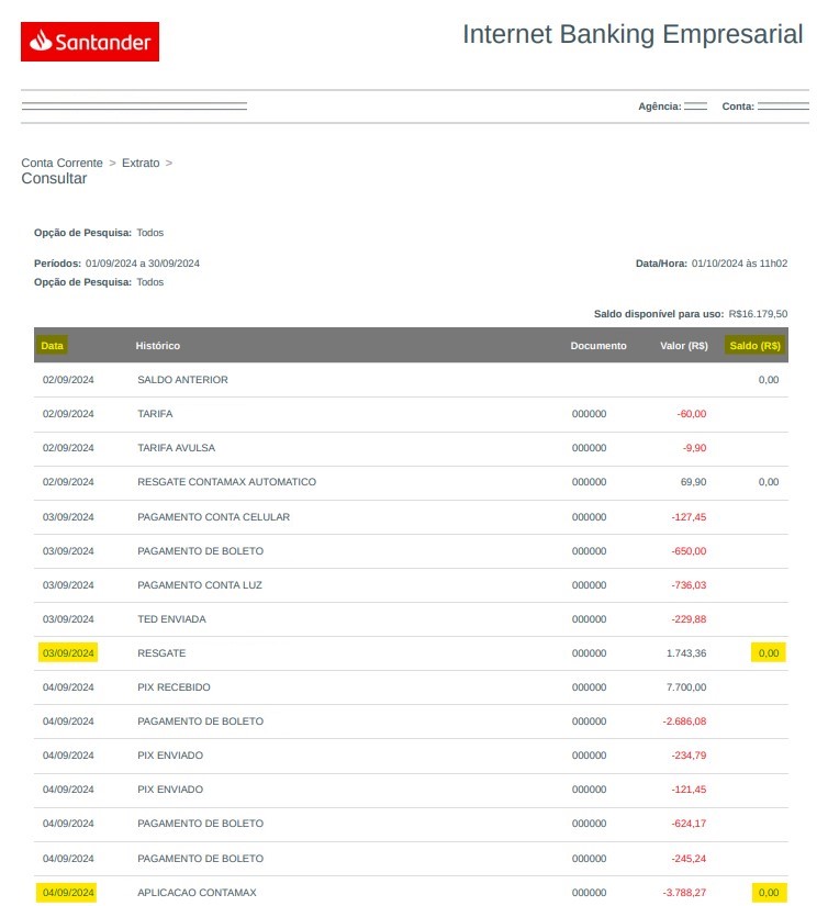 Imagem do extrato bancário Santander em PDF com destaque para os campos Data e Saldo (R$).
