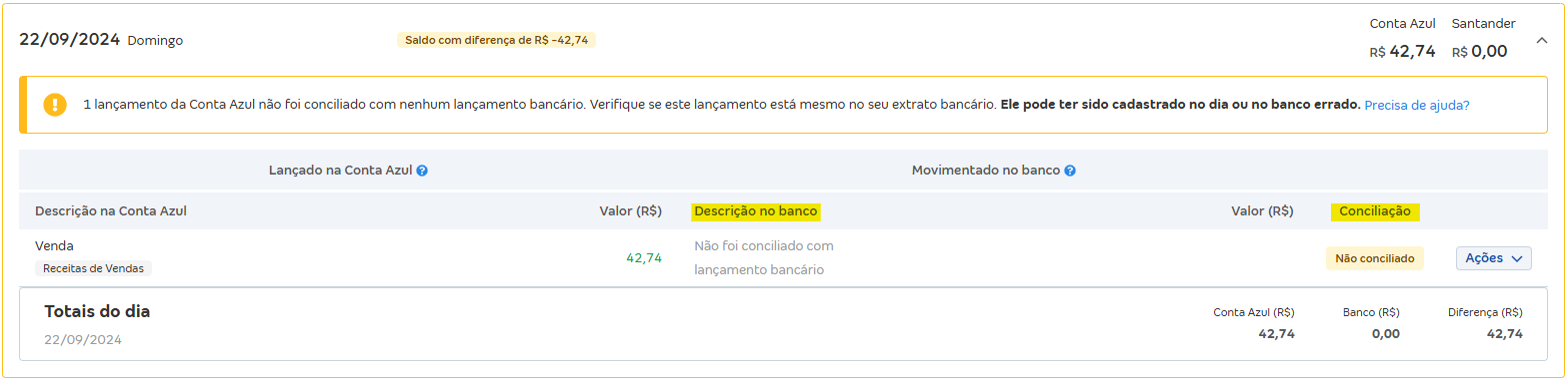 Tela de Movimentações com destaque para os campos Descrição do banco e conciliação.