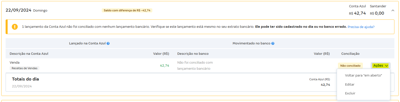 Tela de Movimentações com destaque para o botão Ações.