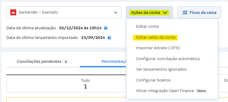Tela de Movimentações com destaque para o botão Ações da conta e Editar saldo da conta.