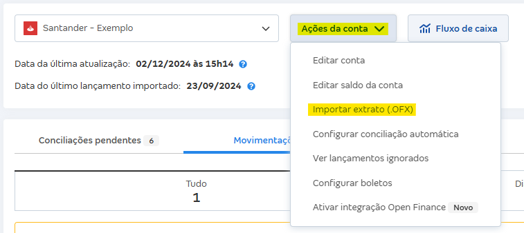 Tela de Movimentações com destaque para o botão Ações da conta e Importar extrato (OFX).