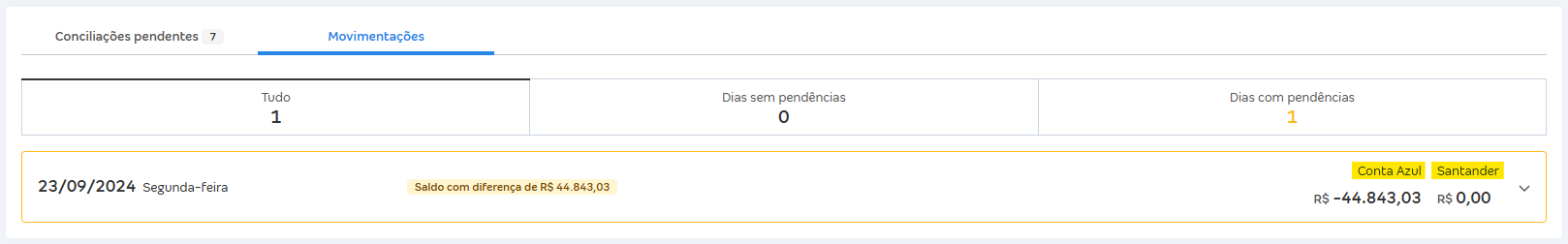 Tela de Movimentações com destaque para os saldos das colunas Banco e Conta Azul.