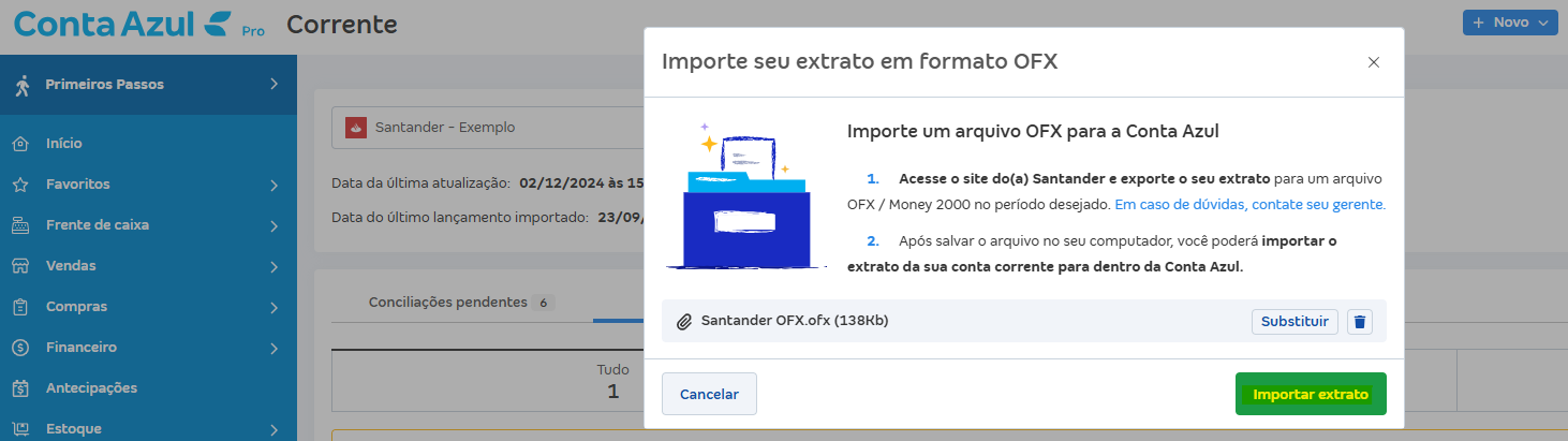Tela de Importar extrato (OFX) com destaque para o botão Importar extrato.