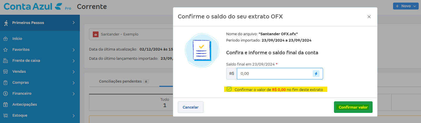 Tela de Importar extrato (OFX) com destaque para o botão Confirmar valor e mensagem Confirmar o valor de.