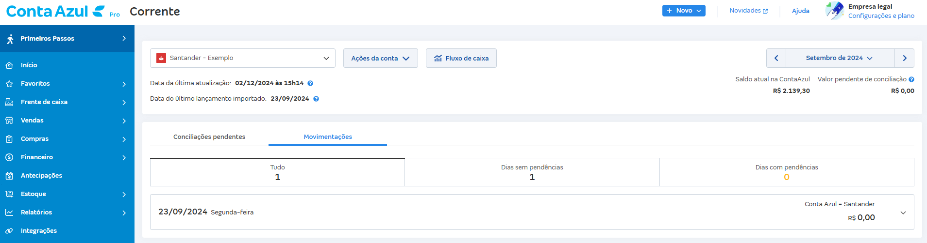 Tela de Movimentações com o saldo de todos os dias batendo.