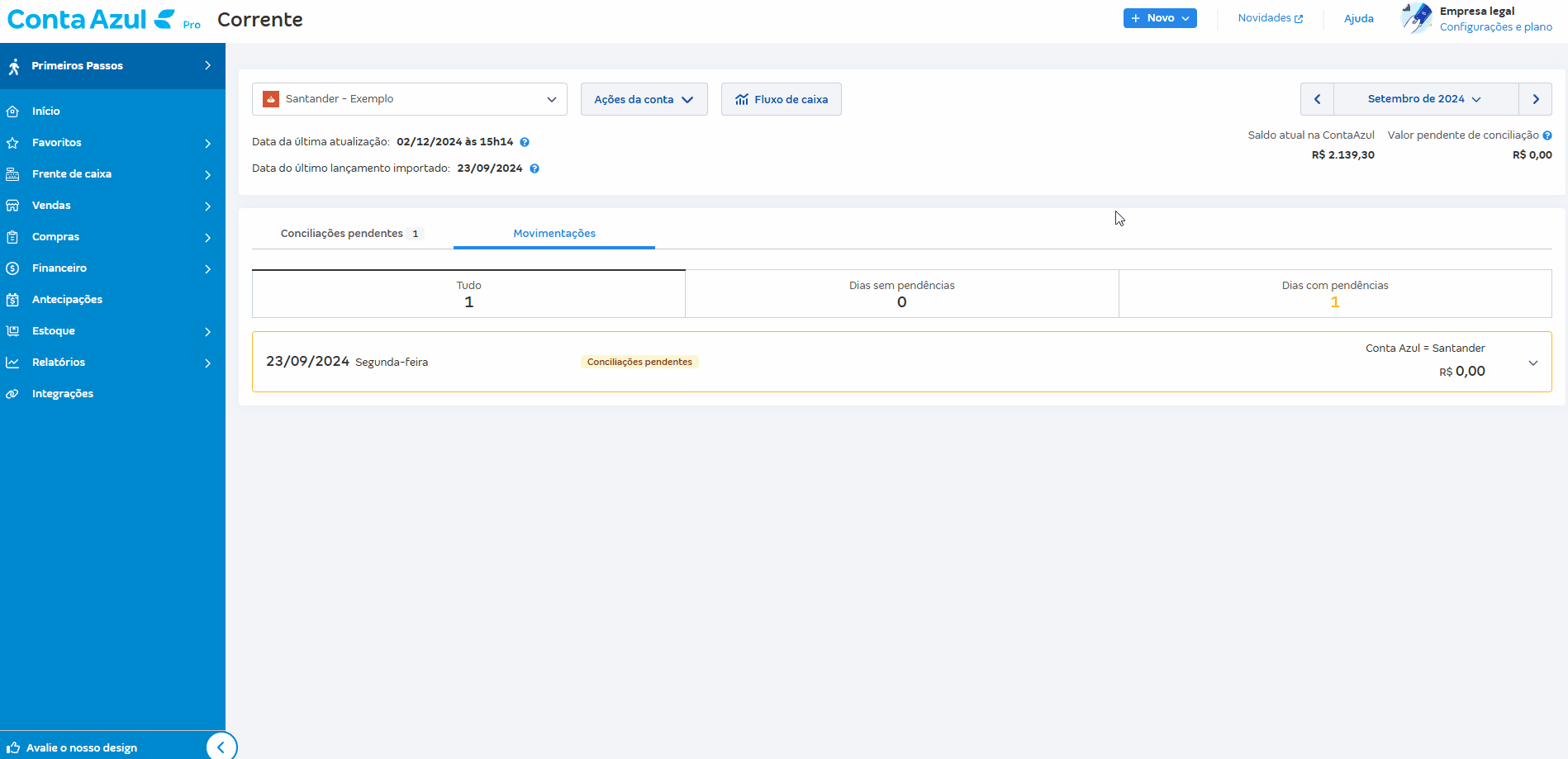 Passo a passo de correção de saldo pelo atalho da tela de Movimentações.