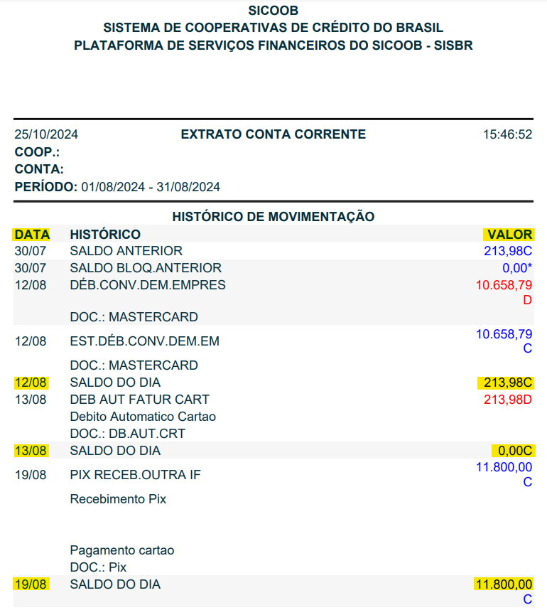 Imagem do extrato bancário Sicoob em PDF com destaque para os campos Data e Valor.