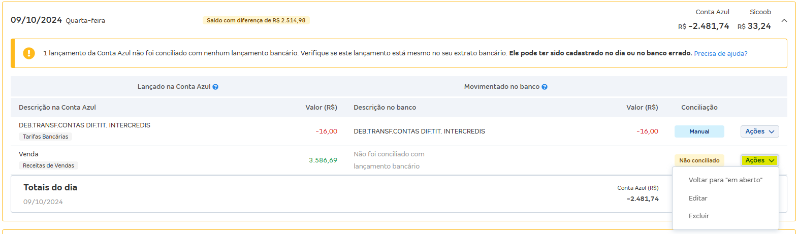 Tela de Movimentações com destaque para o botão Ações.