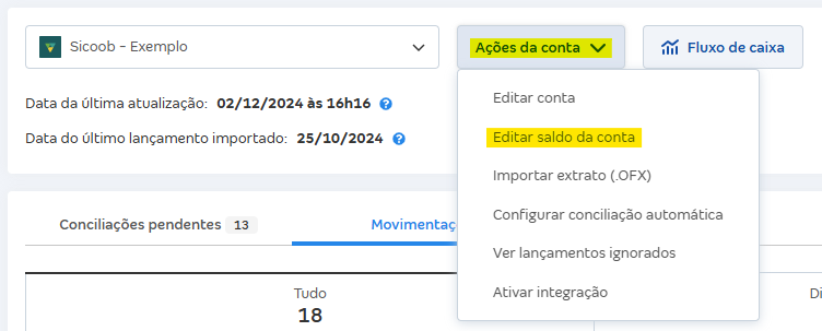 Tela de Movimentações com destaque para o botão Ações da conta e Editar saldo da conta.