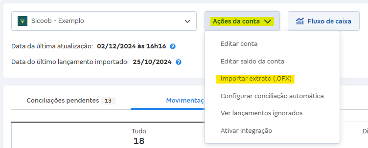 Tela de Movimentações com destaque para o botão Ações da conta e Importar extrato (OFX).