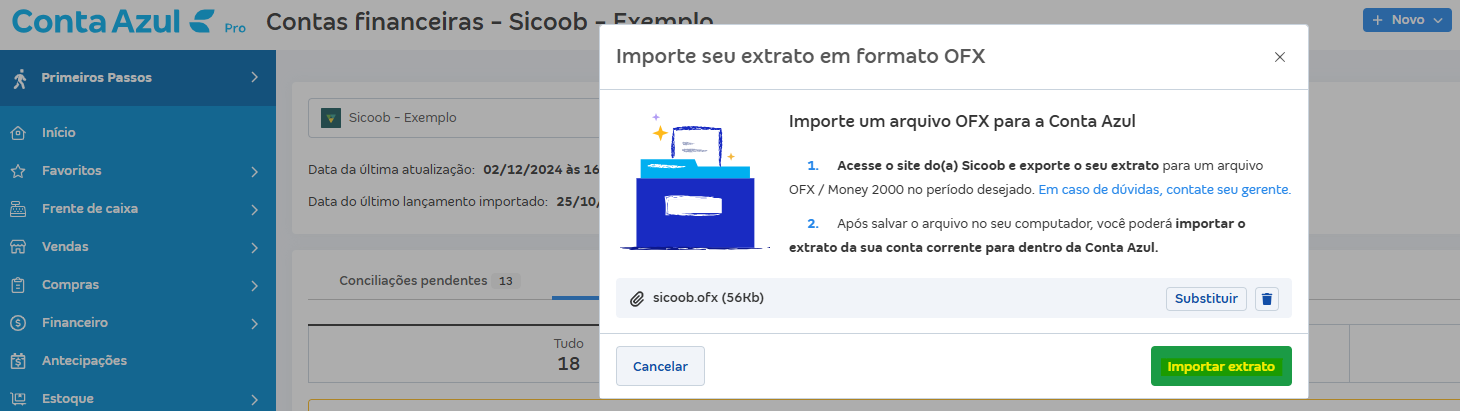 Tela de Importar extrato (OFX) com destaque para o botão Importar extrato.