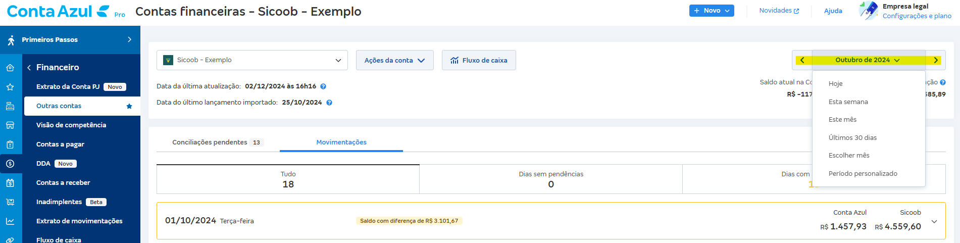 Tela de Movimentações com destaque para o campo Período personalizado.