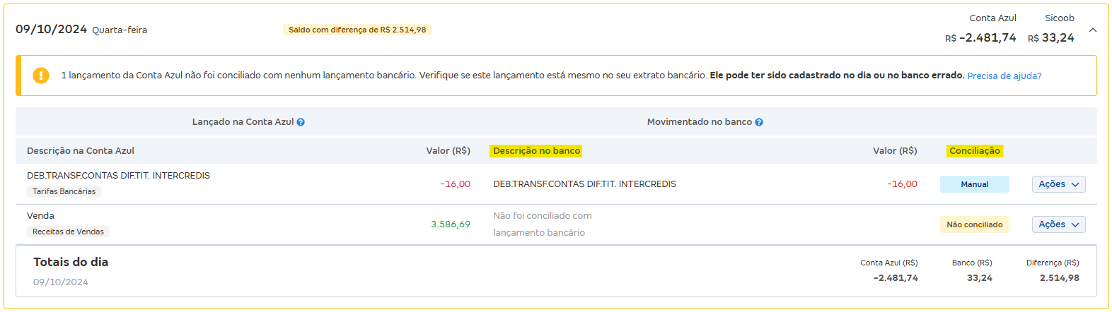Tela de Movimentações com destaque para os campos Descrição do banco e conciliação.