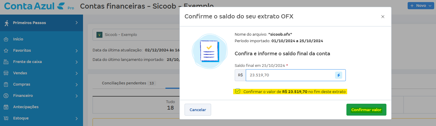 Tela de Importar extrato (OFX) com destaque para o botão Confirmar valor e mensagem Confirmar o valor de.