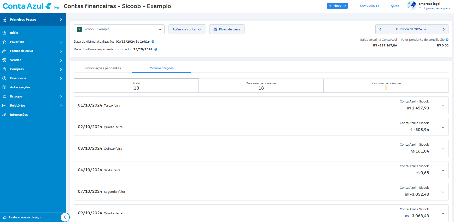 Tela de Movimentações com o saldo de todos os dias batendo.