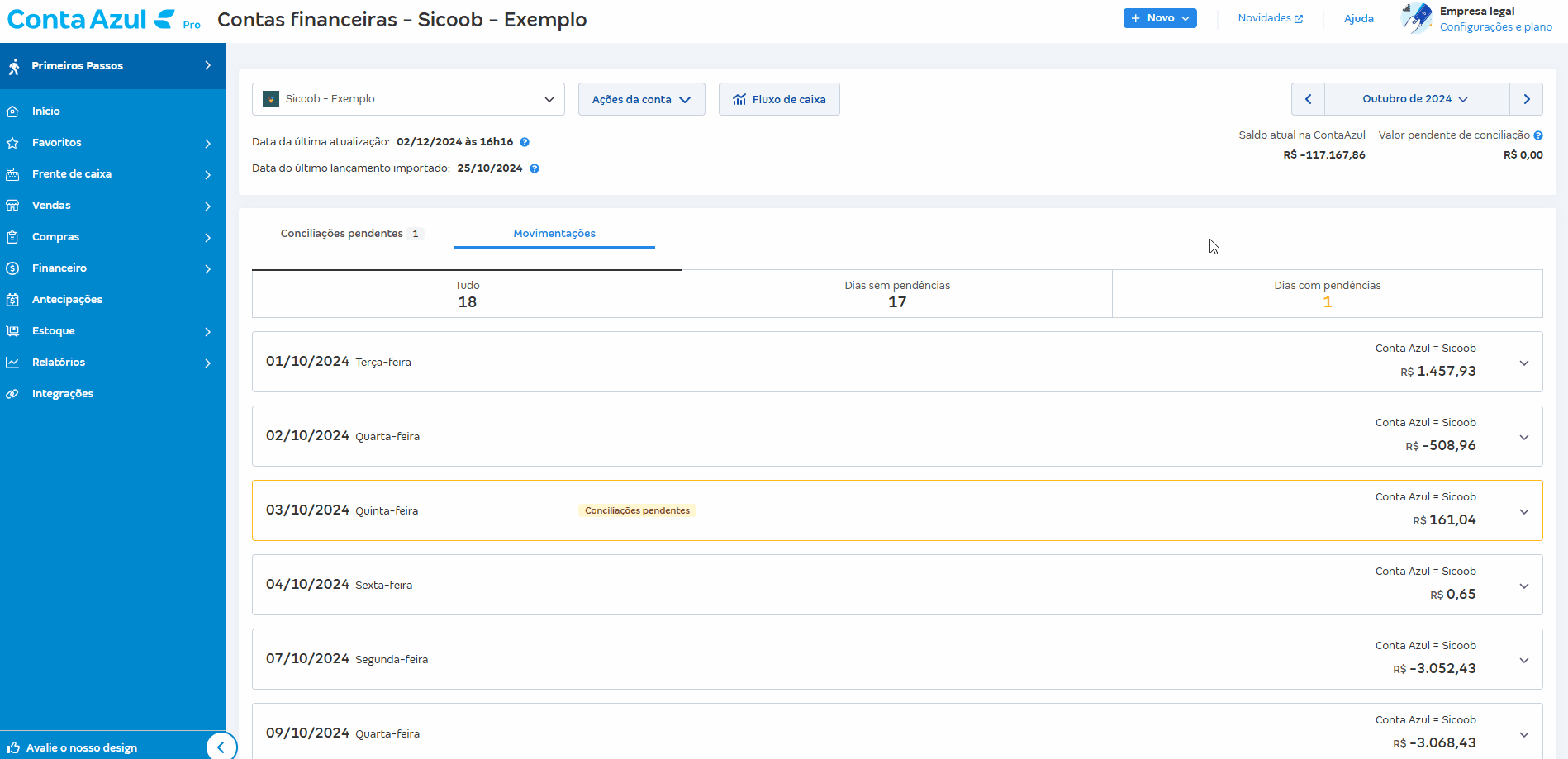 Passo a passo de correção de saldo pelo atalho da tela de Movimentações.