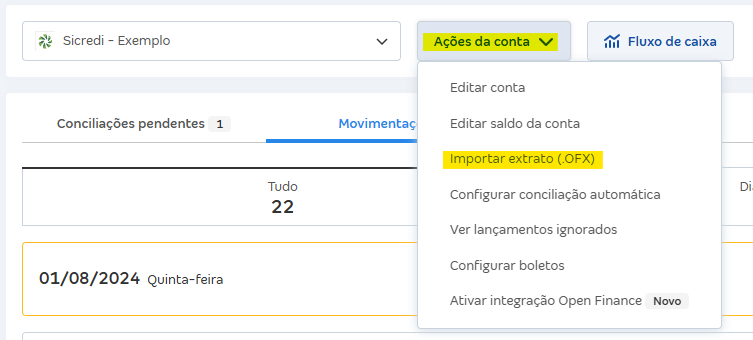 Tela de Movimentações com destaque para o botão Ações da conta e Importar extrato (OFX).