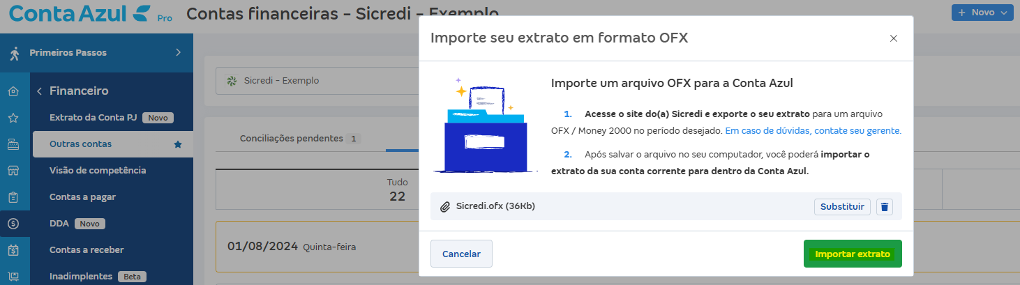 Tela de Importar extrato (OFX) com destaque para o botão Importar extrato.
