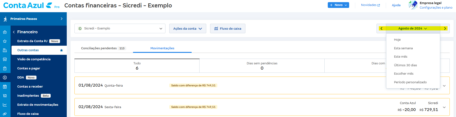 Tela de Movimentações com destaque para o campo Período personalizado.