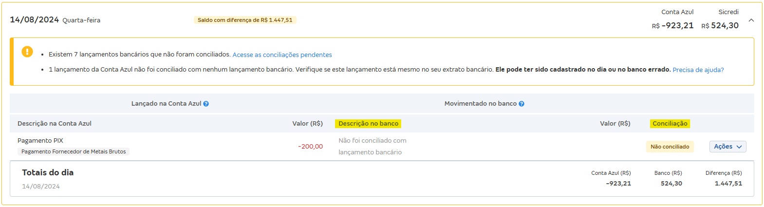 Tela de Movimentações com destaque para os campos Descrição do banco e conciliação.