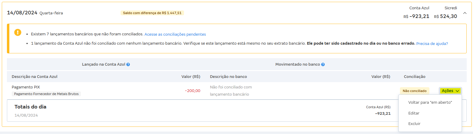 Tela de Movimentações com destaque para o botão Ações.