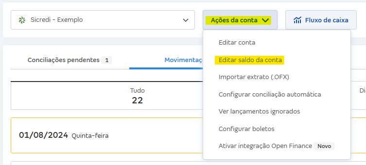 Tela de Movimentações com destaque para o botão Ações da conta e Editar saldo da conta.