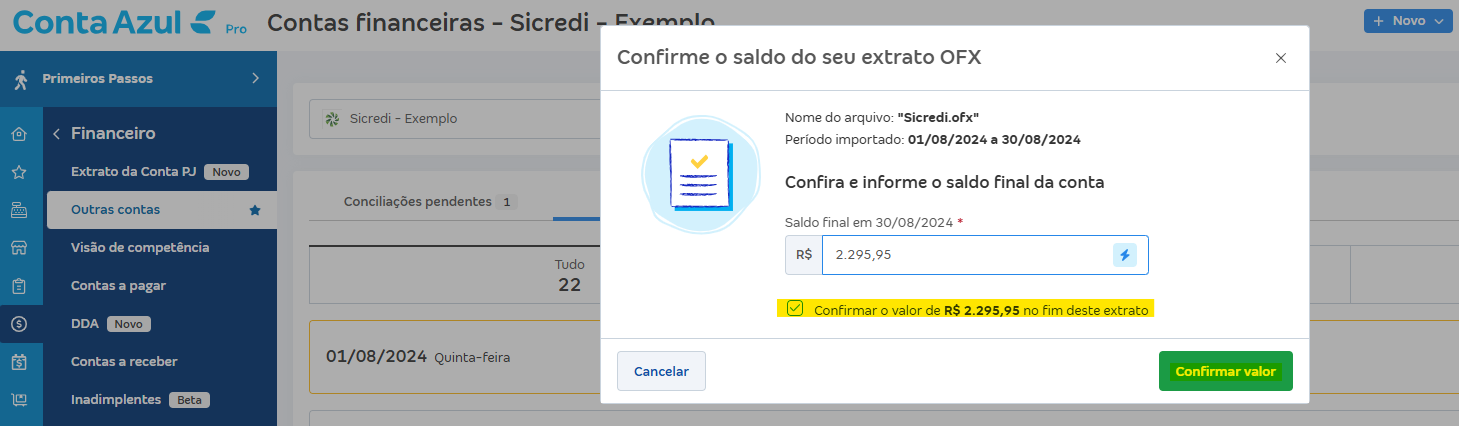 Tela de Importar extrato (OFX) com destaque para o botão Confirmar valor e mensagem Confirmar o valor de.