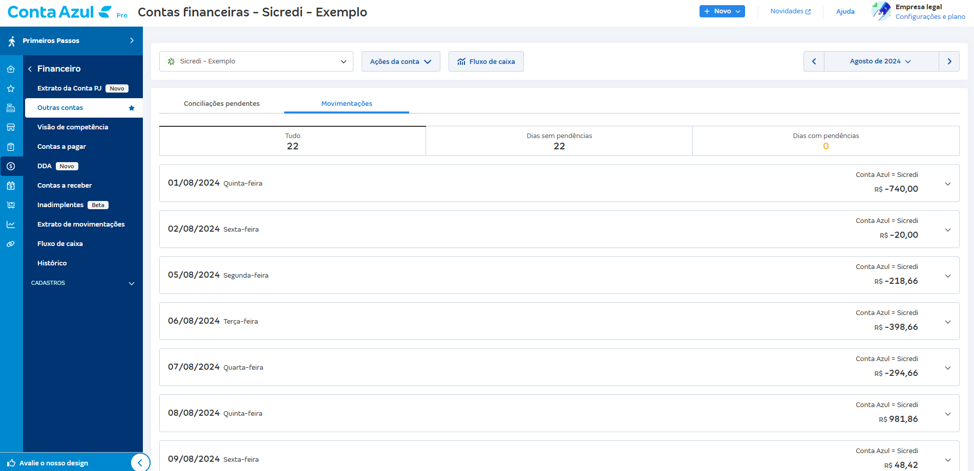 Tela de Movimentações com o saldo de todos os dias batendo.