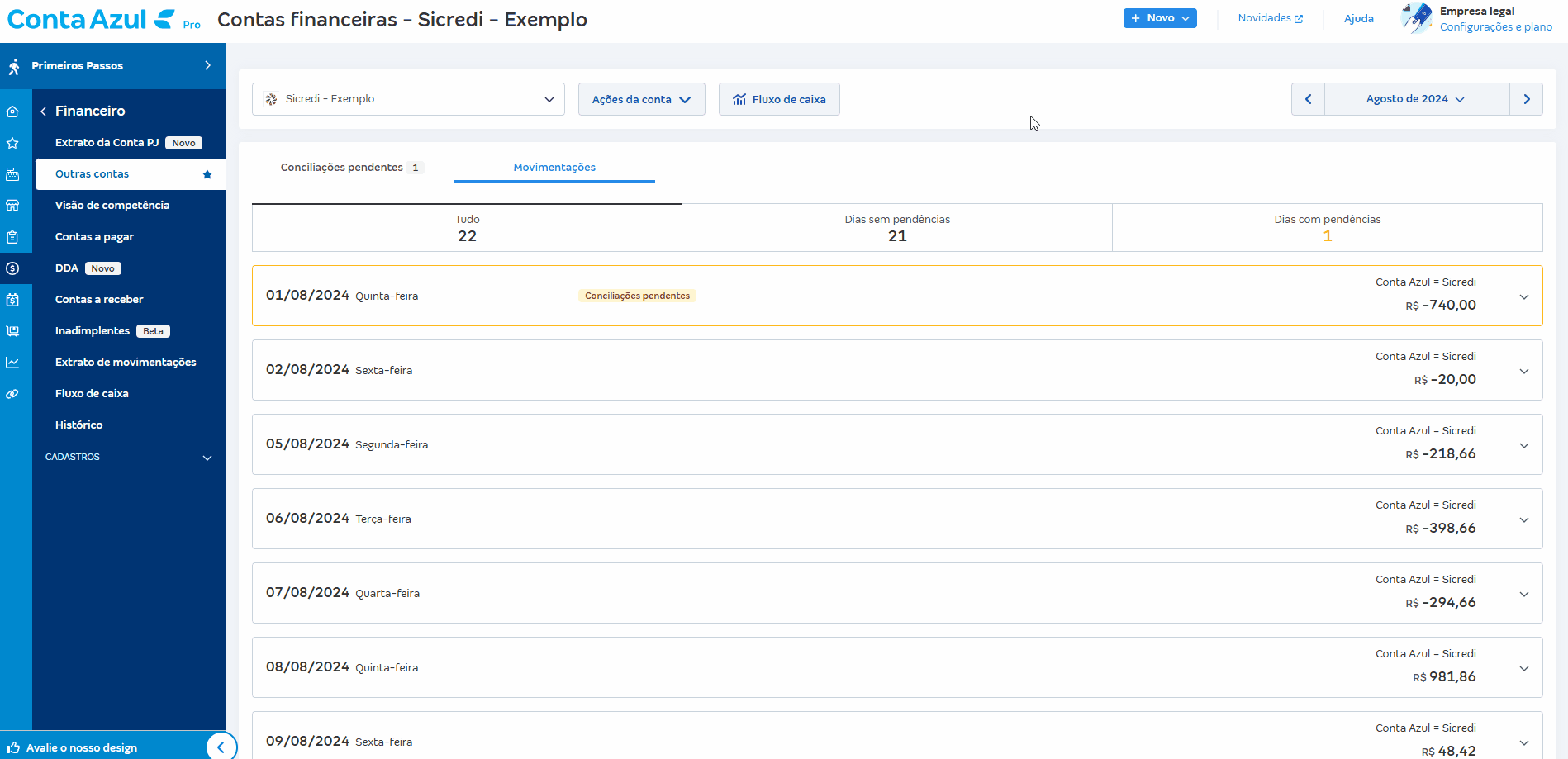 Passo a passo de correção de saldo pelo atalho da tela de Movimentações.