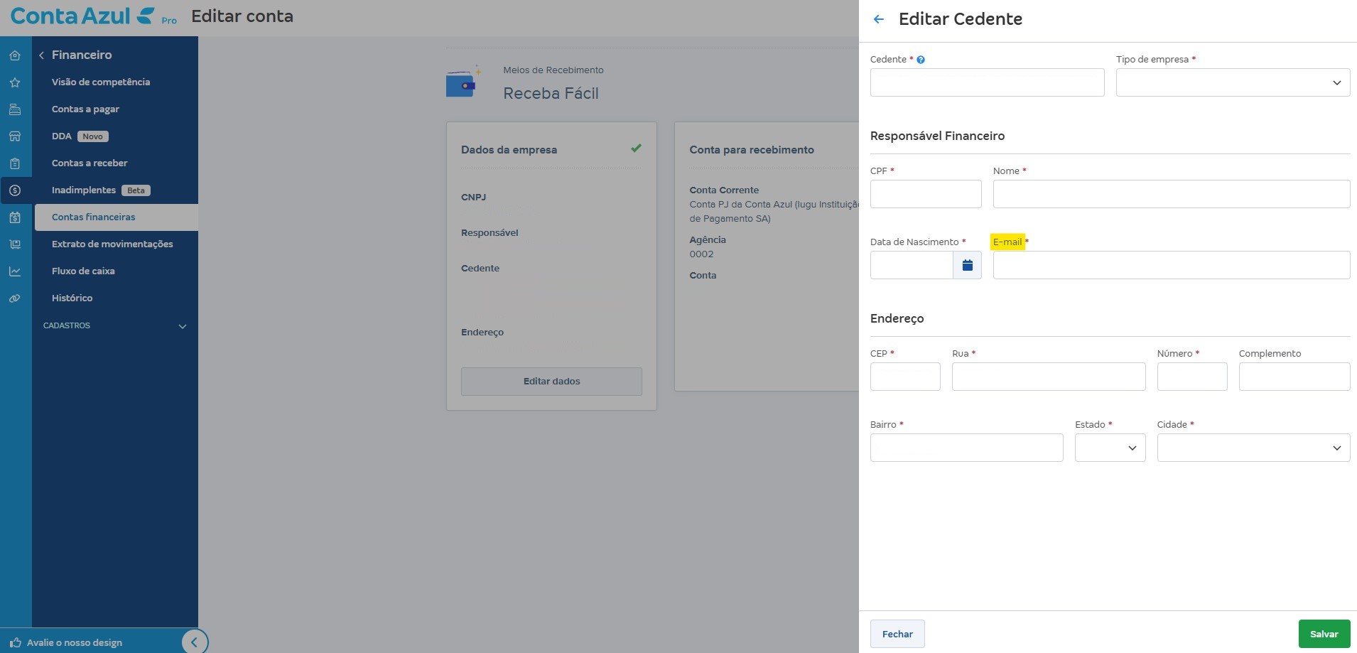 Tela Editar cedente com destaque para o campo E-mail.