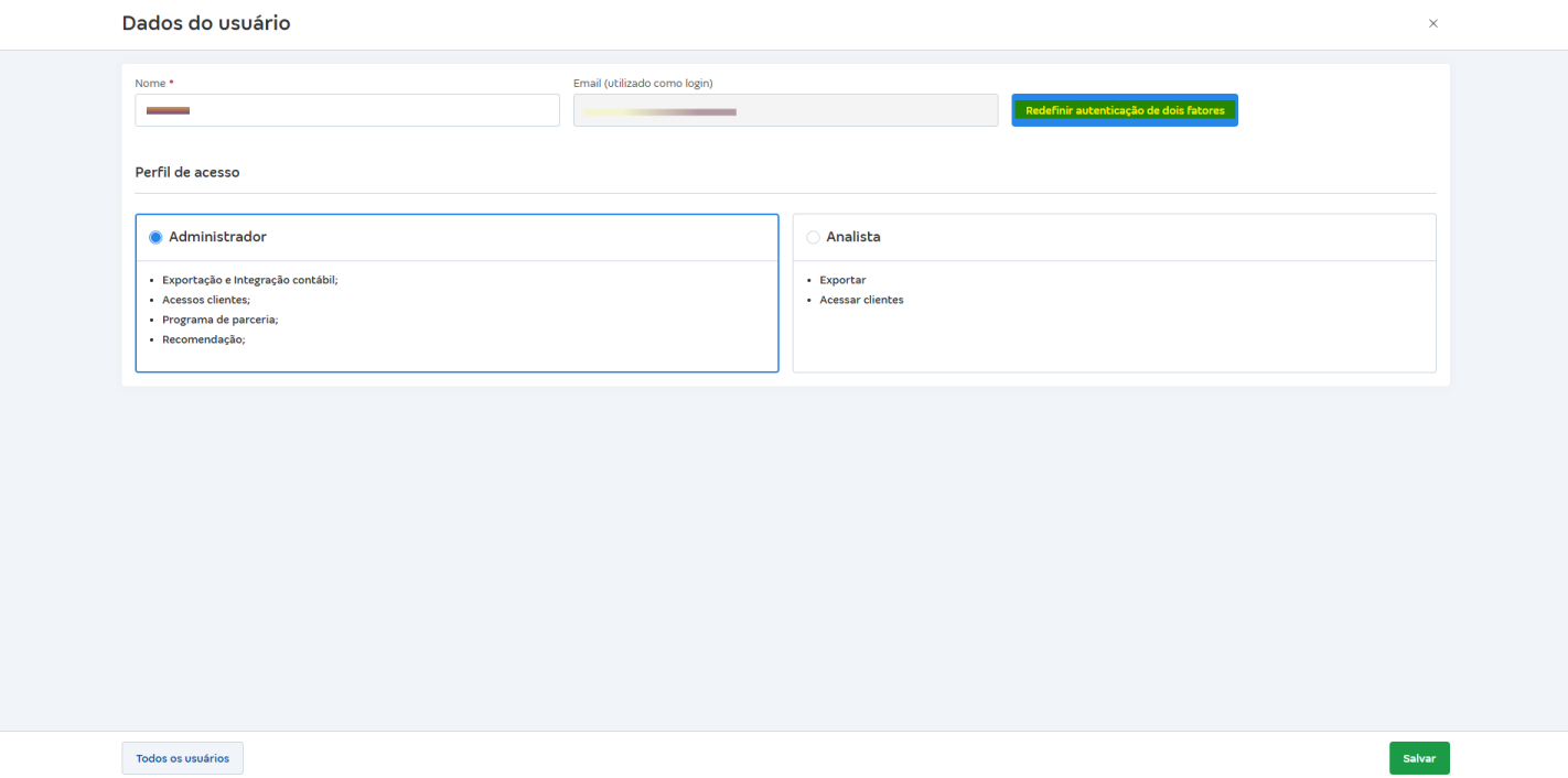 Opção para redefinir autenticação de dois fatores