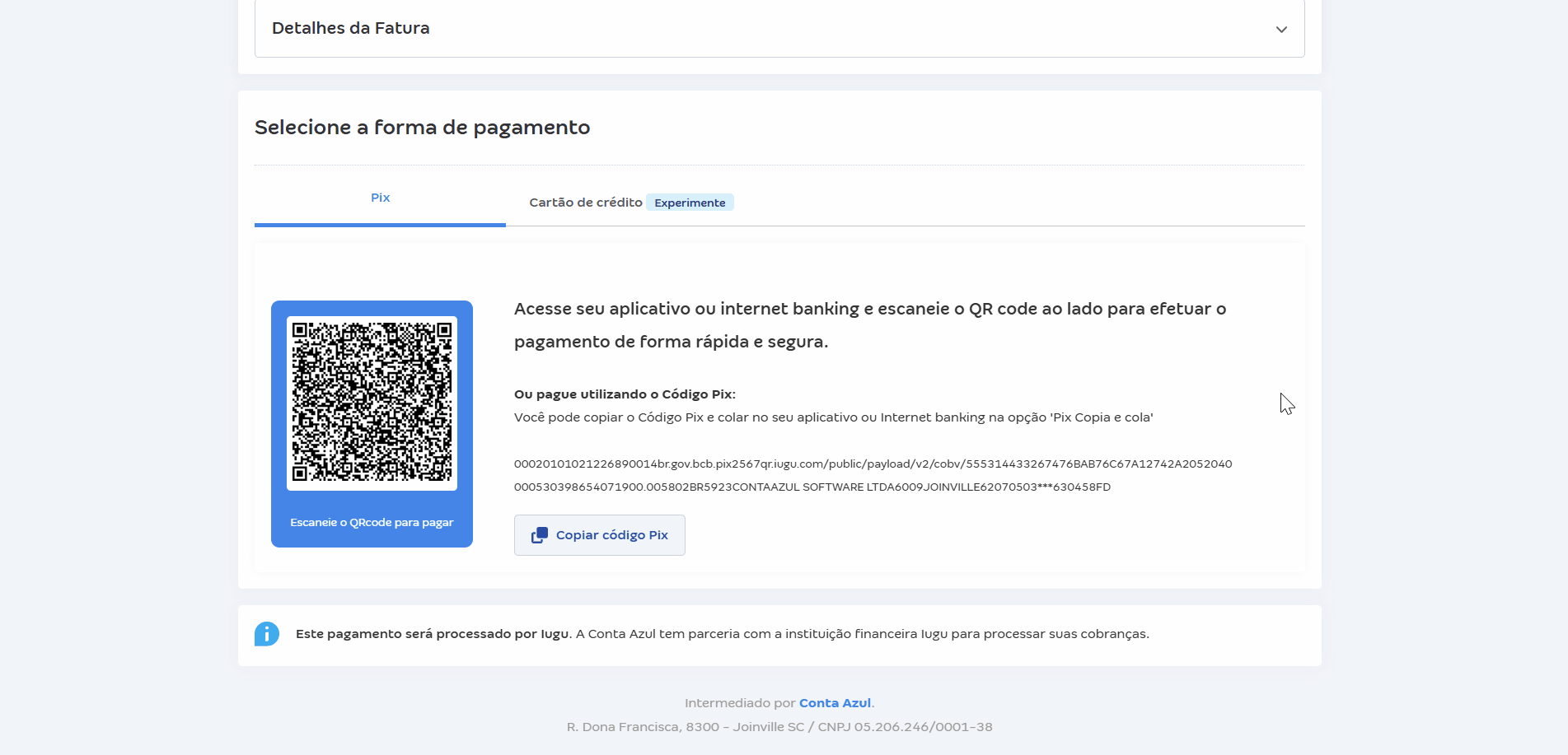 Passo a passo para escolher realizar o pagamento da fatura via Pix ou cartão de crédito.