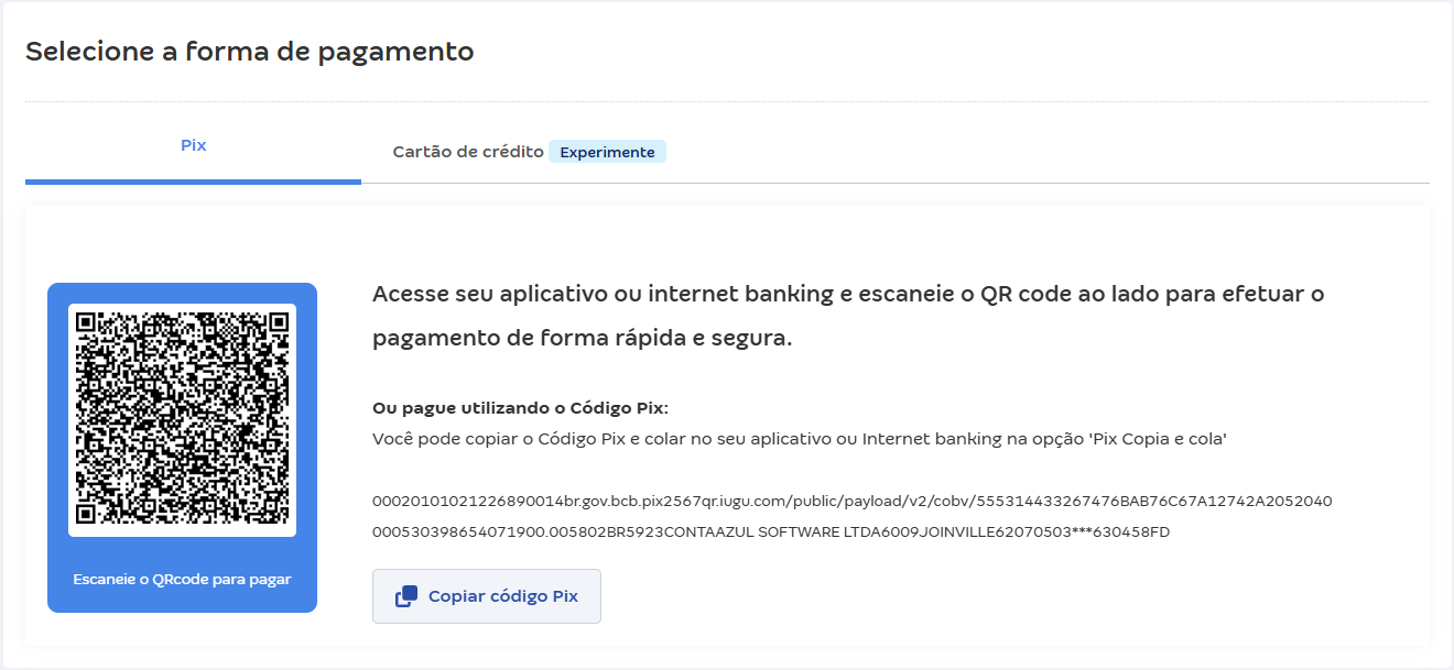 Tela da fatura do Pix cobrança da Conta Azul com pagamento via Pix.