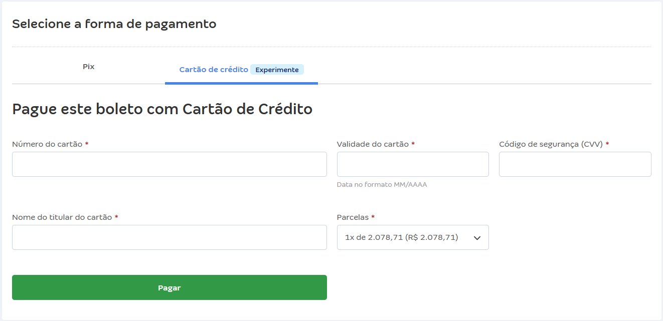 Tela da fatura do Pix cobrança da Conta Azul com pagamento via Cartão de crédito.