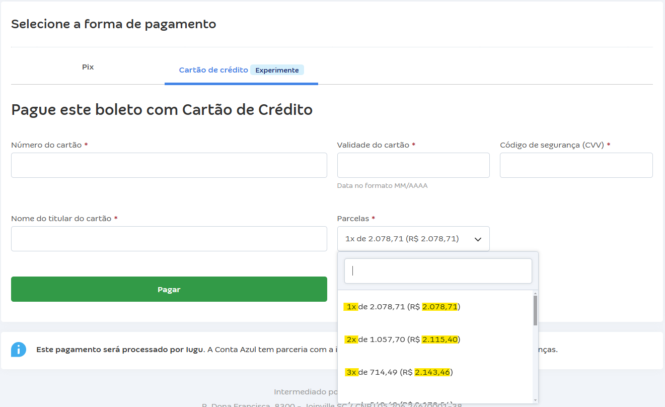Tela da fatura do Pix cobrança da Conta Azul com pagamento via Cartão de crédito com destaque para o campo Parcelas.