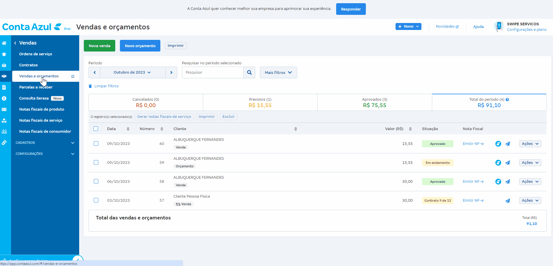 Passo a passo para emitir e enviar o Pix cobrança da Conta Azul pela venda.gif