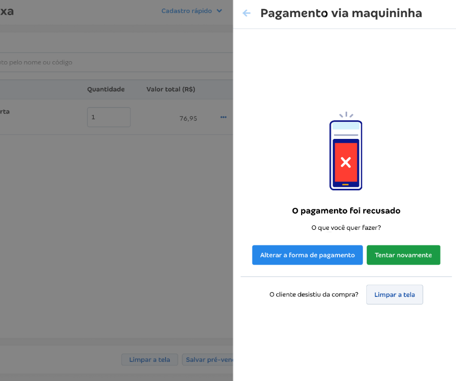 Tela de pagamento recusado.