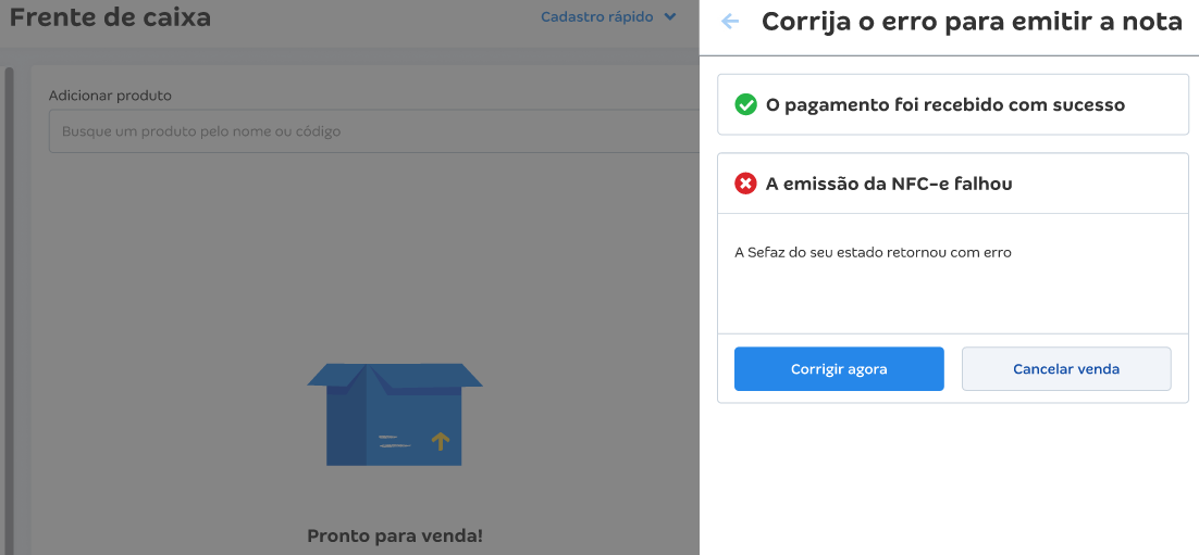 Tela de pagamento concluído com retorno negativo da Sefaz.