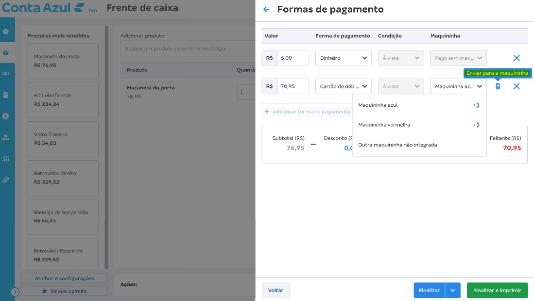 Tela de envio da venda integrada à maquininha Stone com mais de uma forma de pagamento.