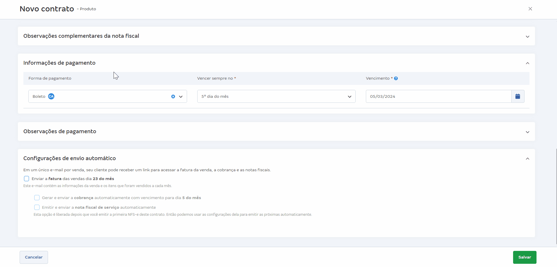 Passo a passo para ativar lembretes de vencimento no contrato.