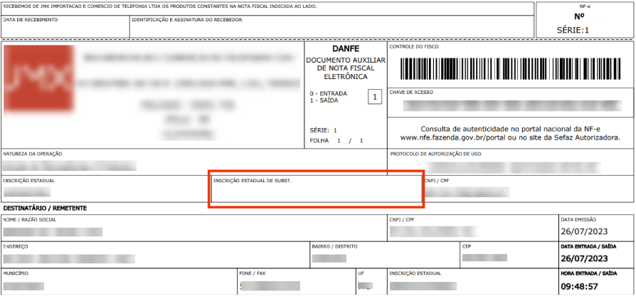 Tela da NFe com destaque para o campo INSCRIÇÃO ESTADUAL DE SUBST.
