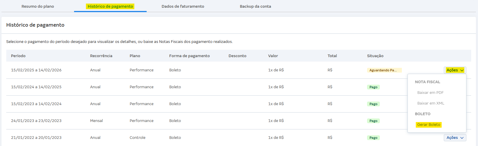 Tela de histórico de pagamento para gerar boleto do plano.png