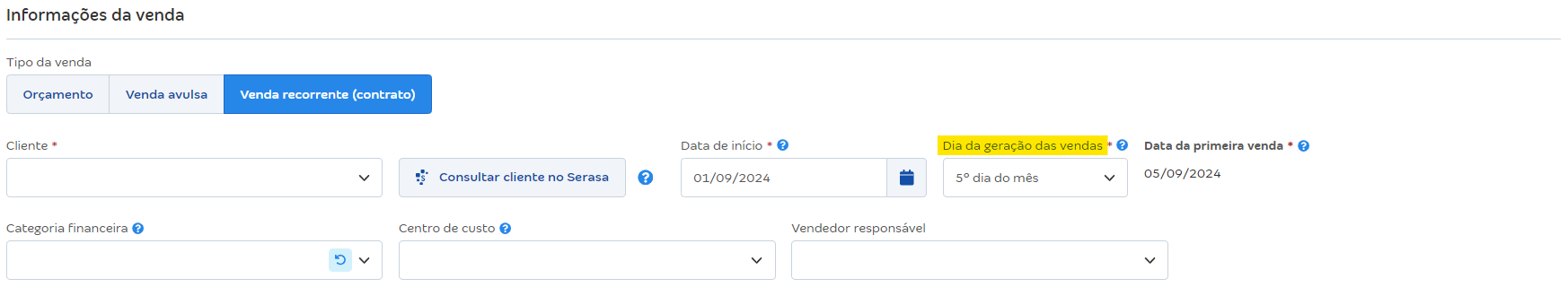 Tela de edição do contrato com destaque para o campo Dia da geração das vendas.