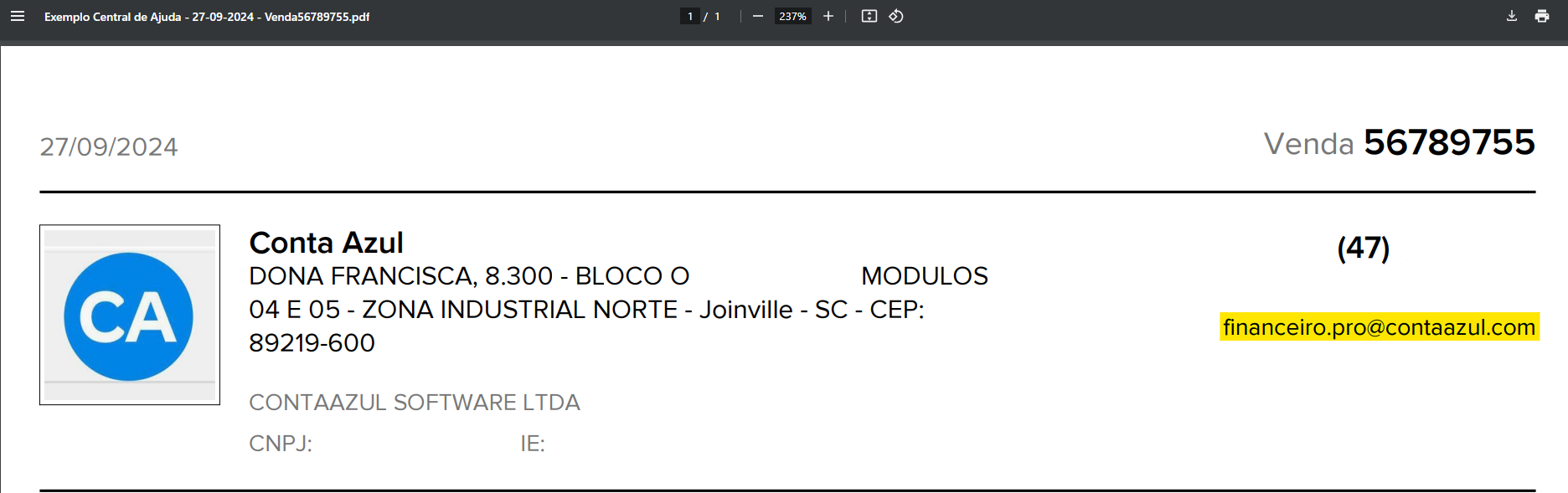 Tela de PDF da venda com destaque para o e-mail do vendedor informado na venda.