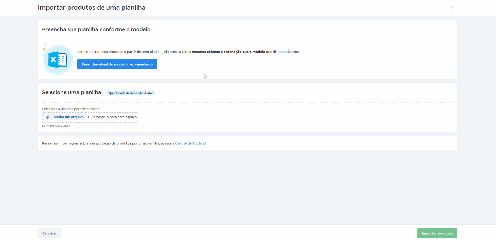 Passo a passo para visualizar erros na importação da planilha de produtos.