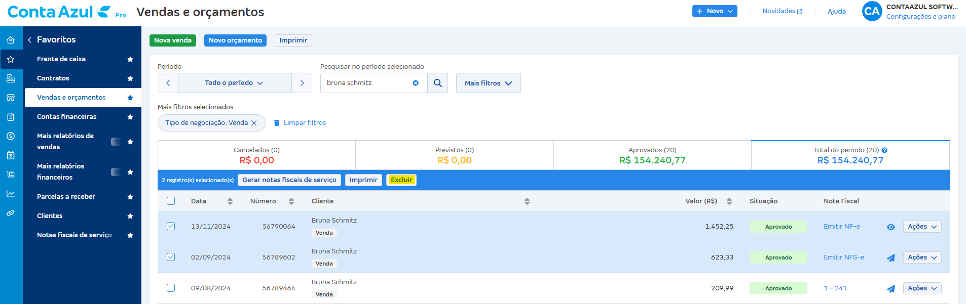 Tela de lista de vendas com destaque para o botão Excluir.